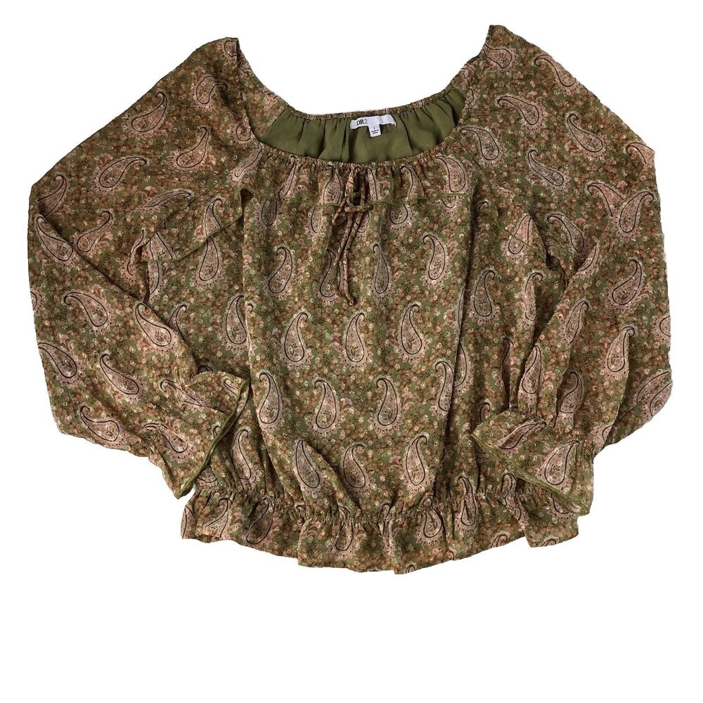 DR2 Paisley Peasant Blouse Olive Green Boho Smocked Hem Tie Neck Top Size Large